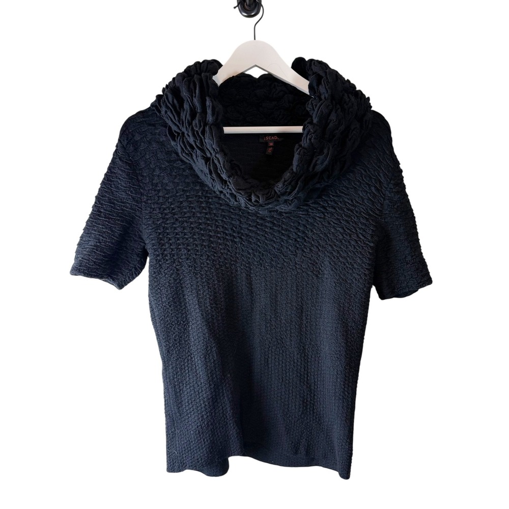Escada Black Virgin Wool Textured Ruffle Cowl Neck Short Sleeve Sweater 38 Italy
